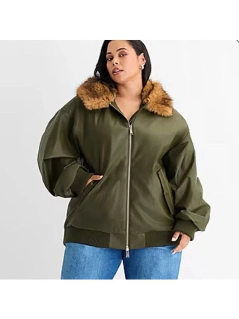 Ashley Graham 4X Olive Green Faux Leather Bomber Jacket W/ Brown Faux-Fur Hood - Picture 2 of 9